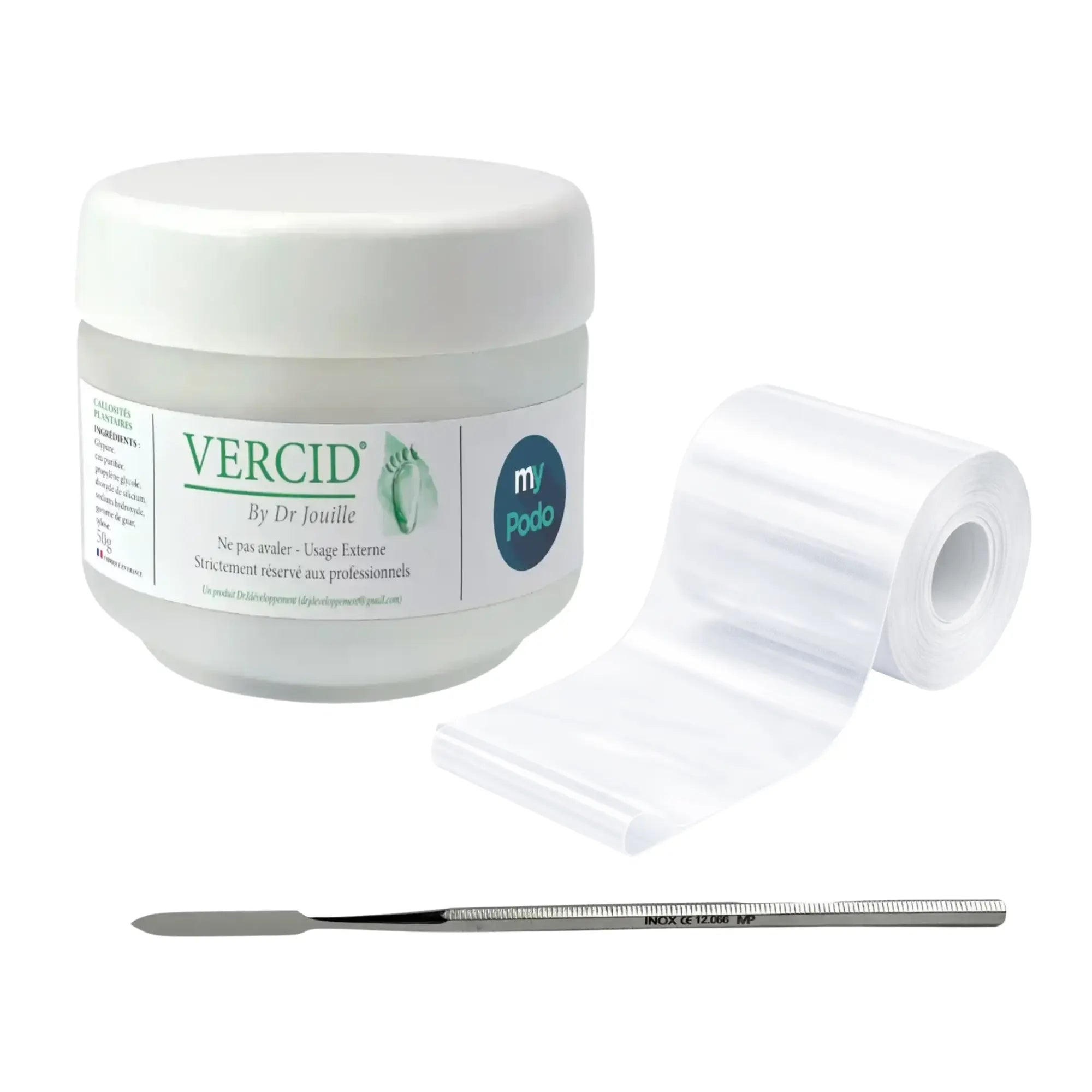 Kit Vercid de Doctor Jouille - Bote de 50 g + Espátula de cemento + Rollo de apósito adhesivo transparente Vercid by Dr Jouille 