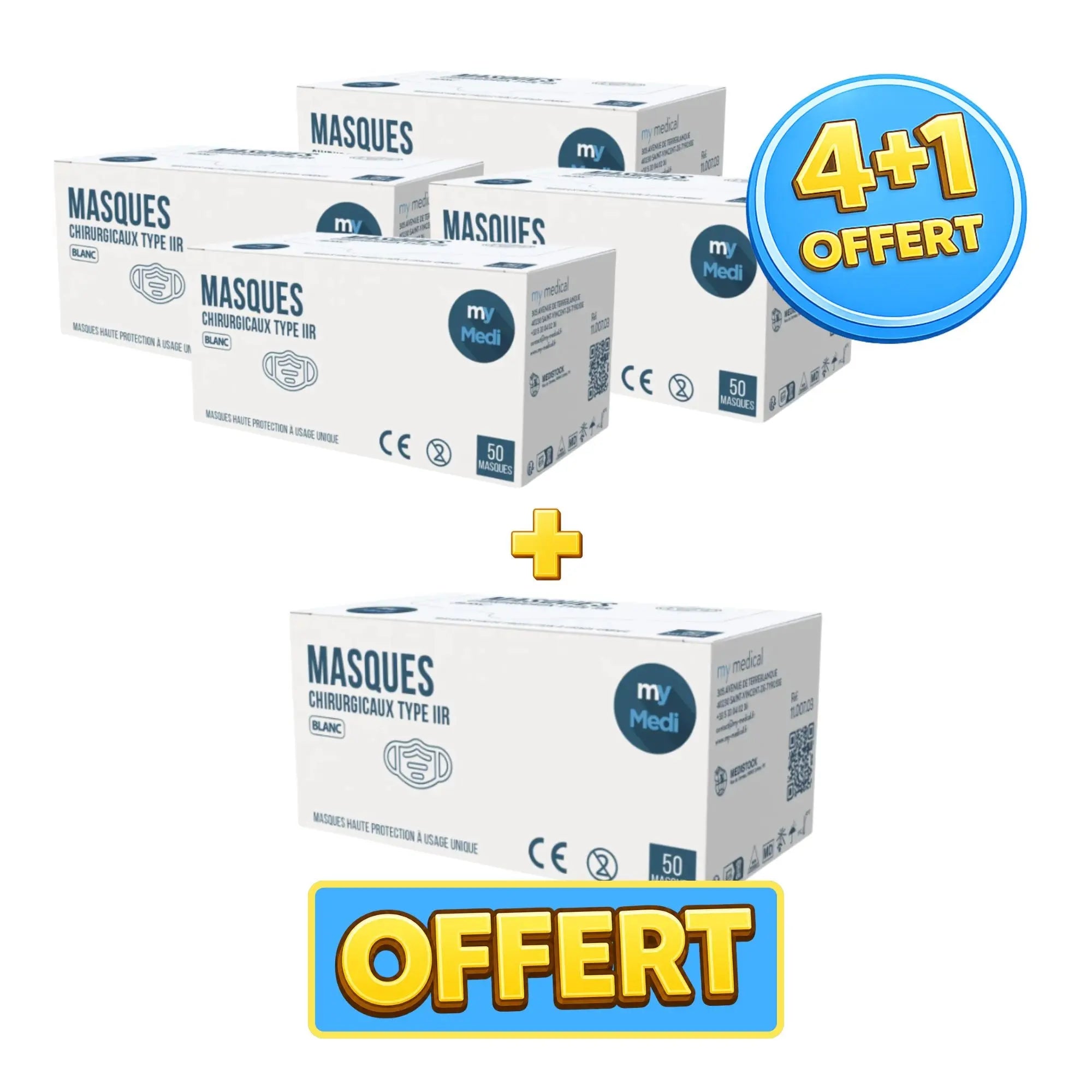 Pack 4+1 boîtes de 50 masques chirurgicaux rose ou blanc - 3 plis de type IIR - Norme EN14683 - Certification CE - My Médical My Medical 